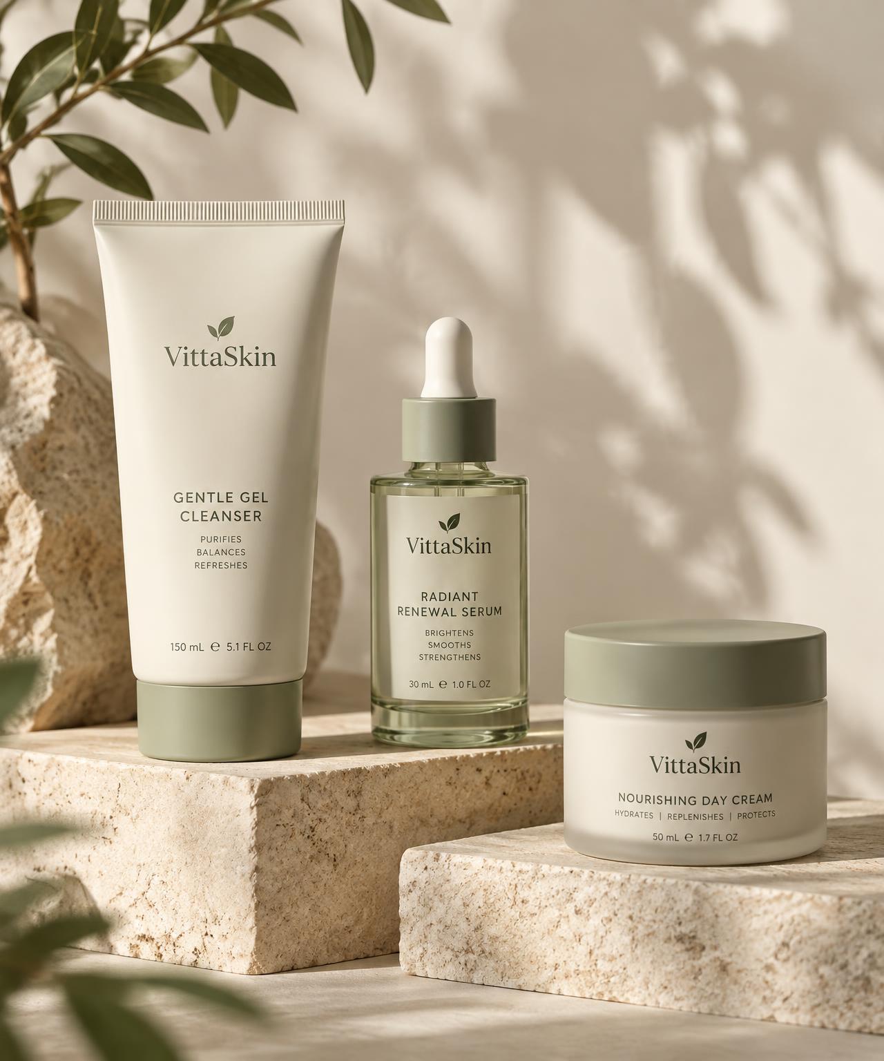 VittaSkin Daily Kit: cleanser, sérum e hidratante sobre pedras naturais